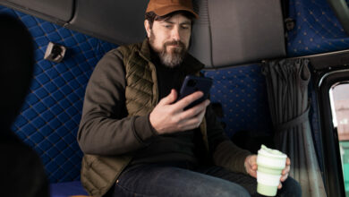 Happy man sitting enjoying his trip using a bus